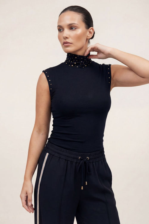 Black Tencel Stud High Neck Cami