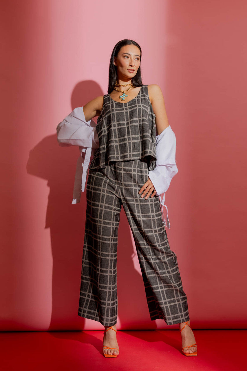 Black Check Linen Bell Top