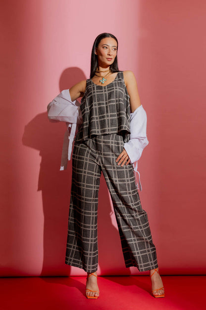 Black Check Linen Bell Top