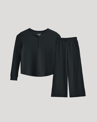 Girls Black Waffle Long Sleeve Henley & Waffle Leg Pants 2-Pack
