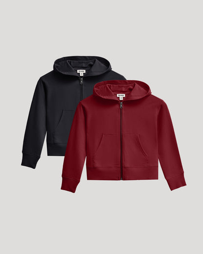 Girls Black & Dark Maroon Cropped Zip Hoodie 2-Pack