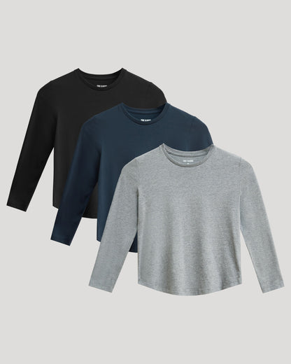 Boys' Classic Long Sleeve Curved Hem Crew Neck 3-Pack