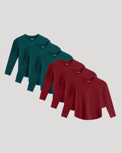 Boys' Classic Long Sleeve Curved Hem Crew Neck 6-Pack