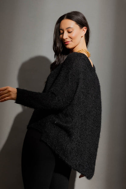 Black Fluffy V Neck Jumper