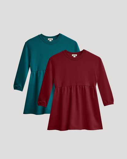 Girls Dark Maroon & Deep Emerald Long Sleeve Fleece Dress 2-Pack