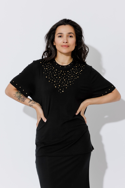 Black Tencel Embellished T-Shirt