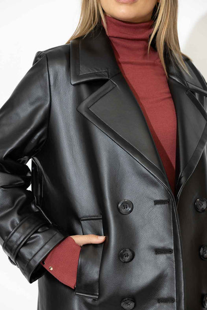 Black Faux Leather Pea Coat