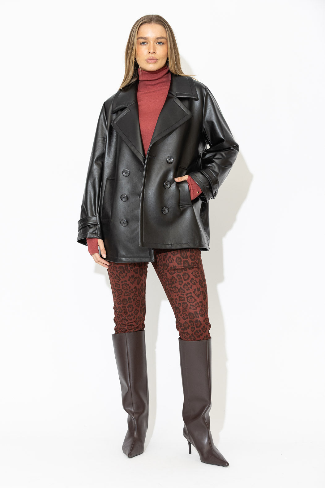 Black Faux Leather Pea Coat