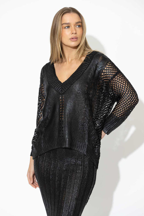 Black Crochet Foil V Neck Jumper