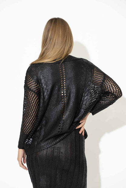 Black Crochet Foil V Neck Jumper