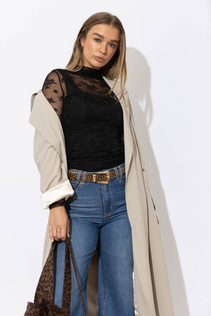 Black Lace Funnel Neck Top