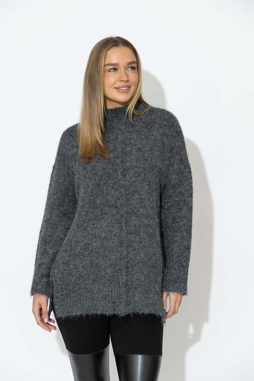 Charcoal Fluffy Front Seam Tunic
