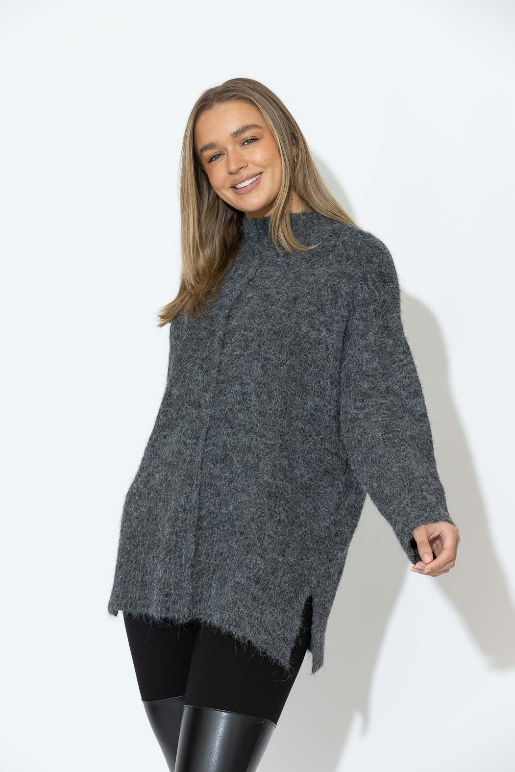 Charcoal Fluffy Front Seam Tunic