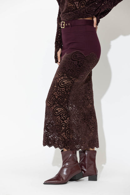 Burgundy Ponte Lace Skirt