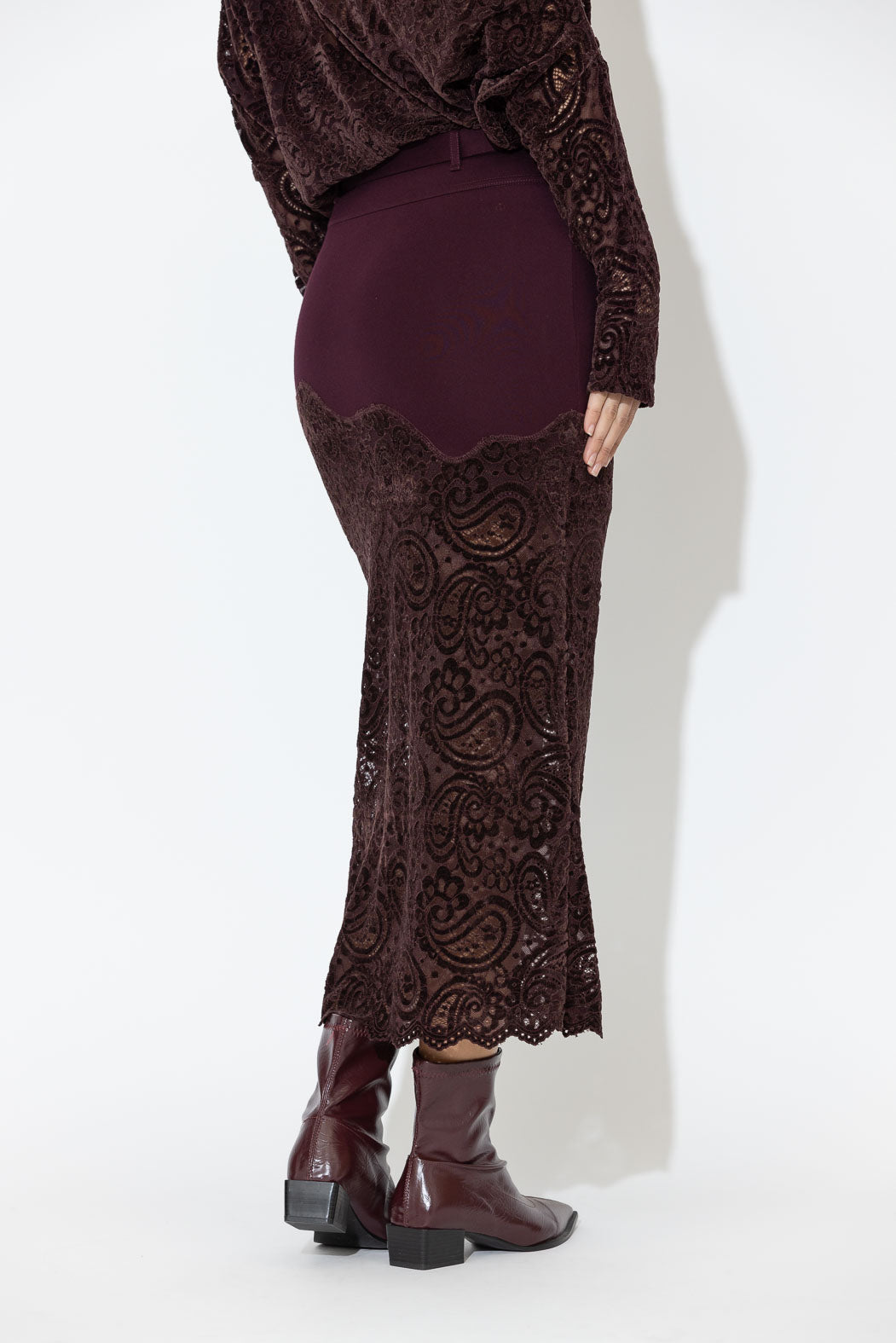 Burgundy Ponte Lace Skirt