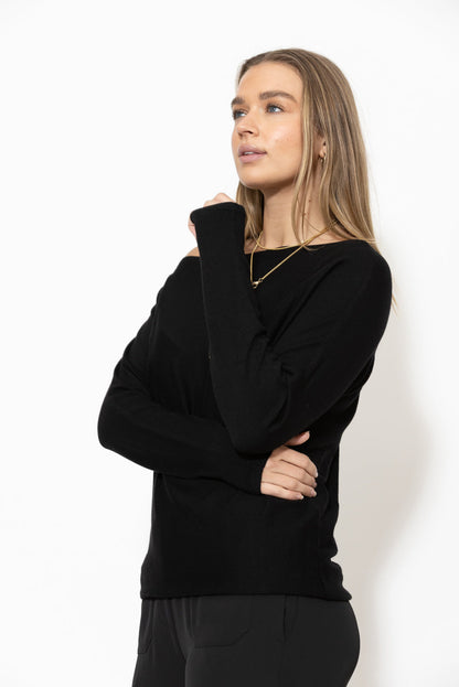 Black Fine Knit Boat Neck Top