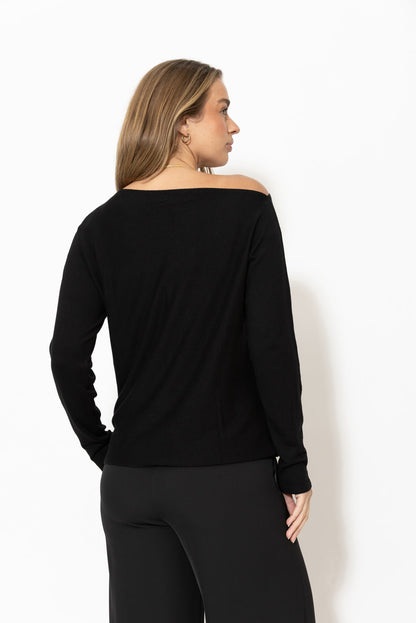 Black Fine Knit Boat Neck Top