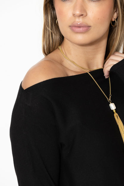 Black Fine Knit Boat Neck Top