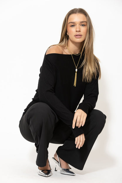 Black Fine Knit Boat Neck Top
