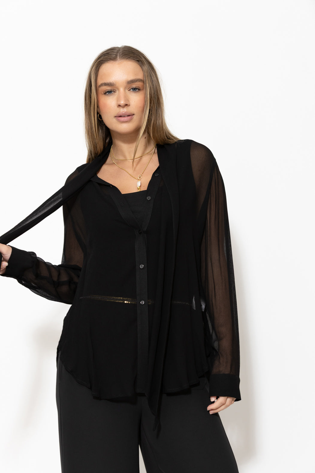Black Viscose Scarf Shirt