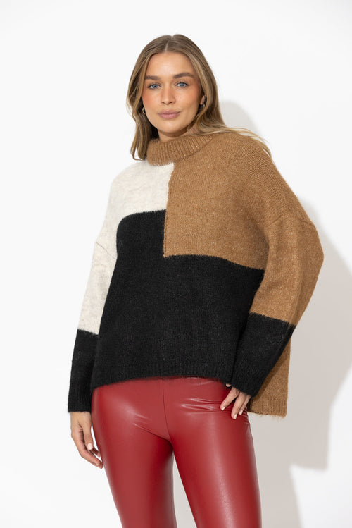 Camel Fluffy Patchwork Jumper
