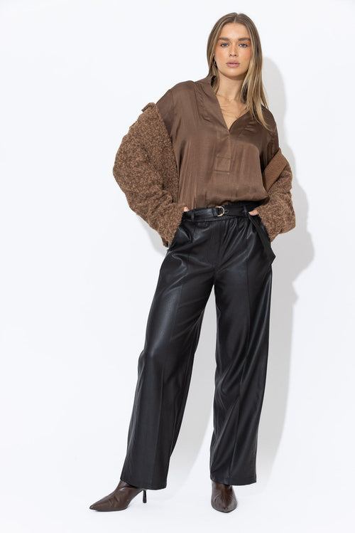 Black Faux Leather Pintuck Pant