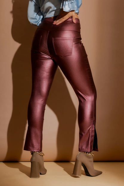 Burgundy Metalic Zip Pant