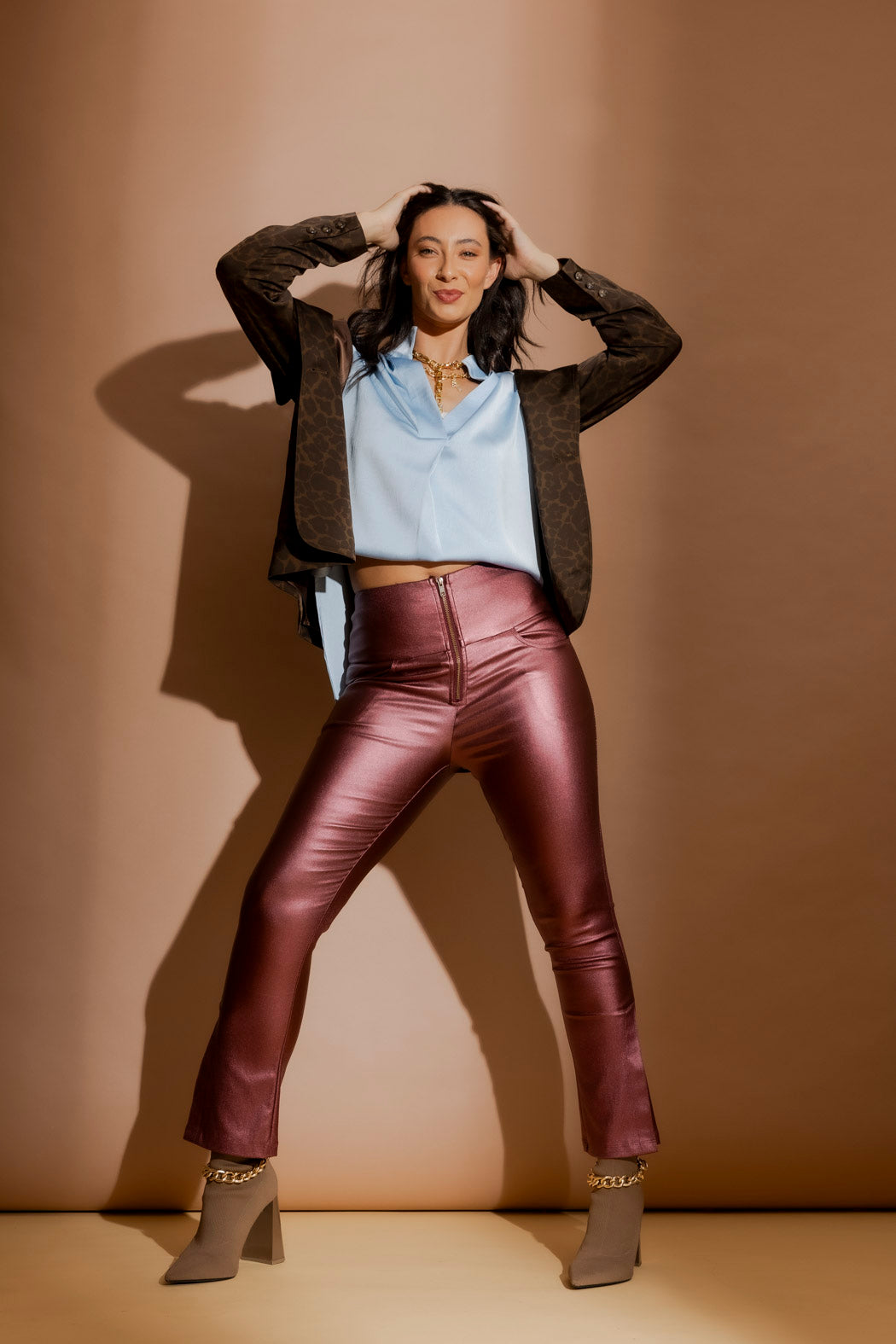 Burgundy Metalic Zip Pant