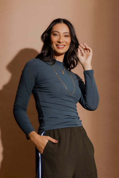 Blue Tencel Mock Neck Top