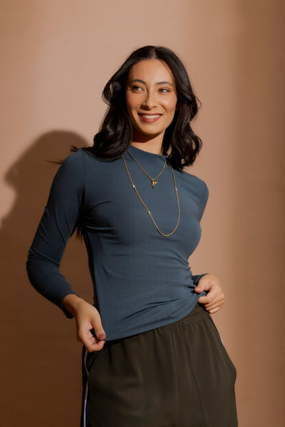 Blue Tencel Mock Neck Top