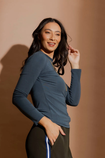 Blue Tencel Mock Neck Top