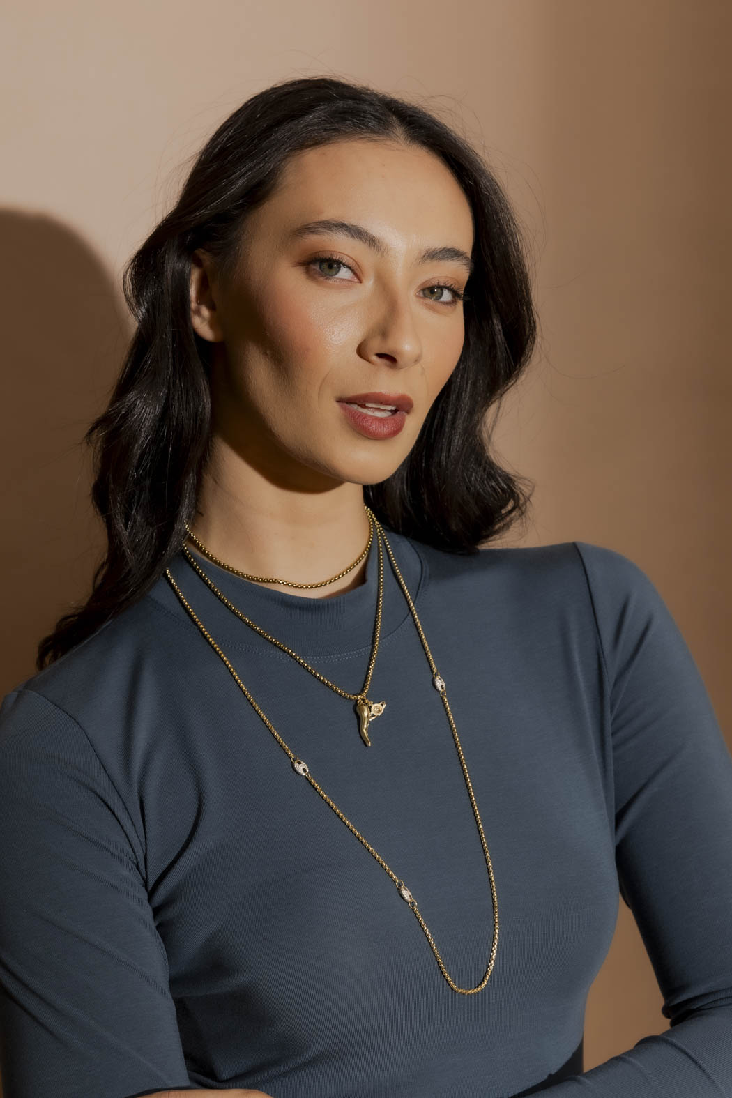 Blue Tencel Mock Neck Top