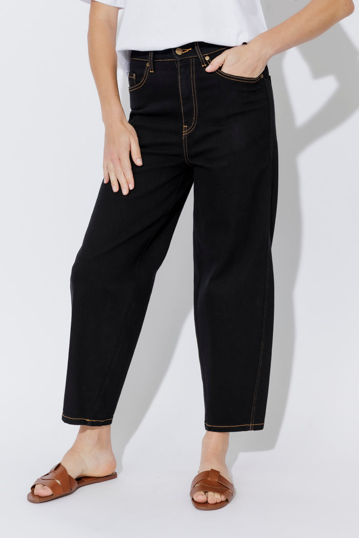 Black Gold Stitch Barrel Jean