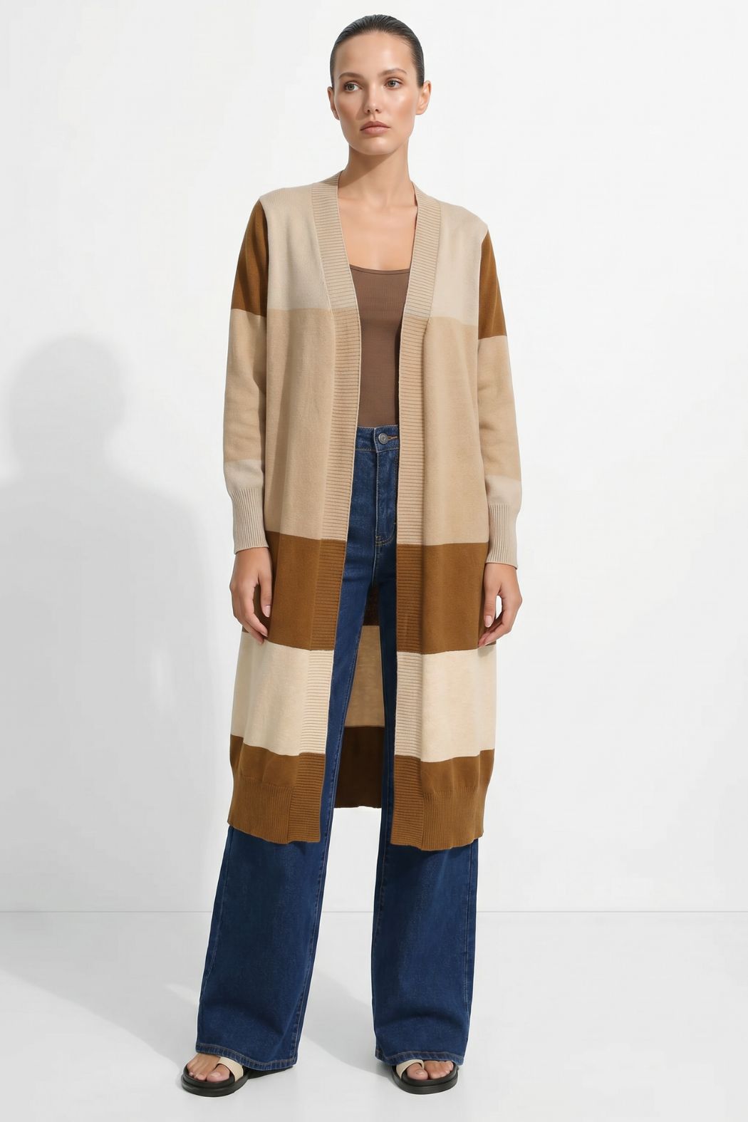 Beige Longline Block Cardi