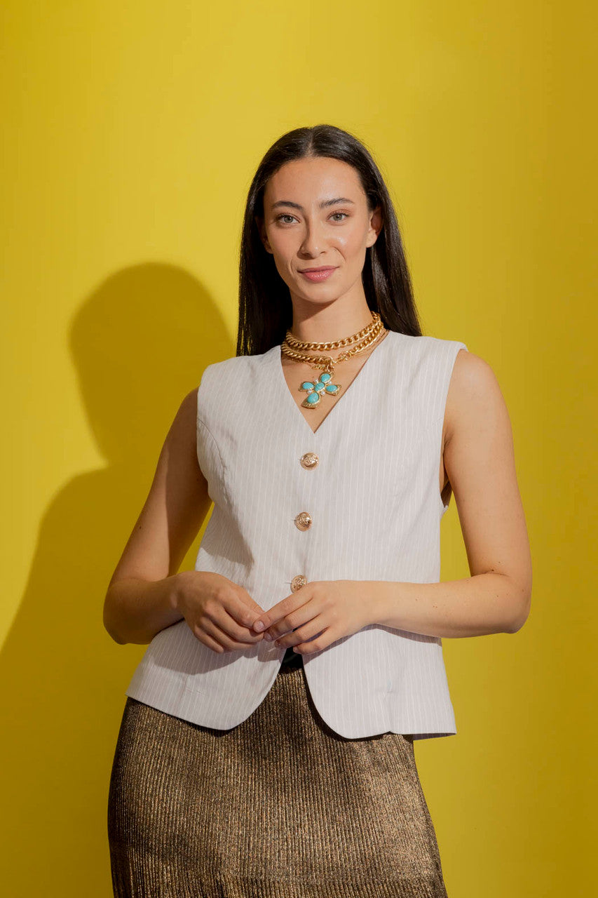 Beige Stripe Tailored Vest Beige Stripe