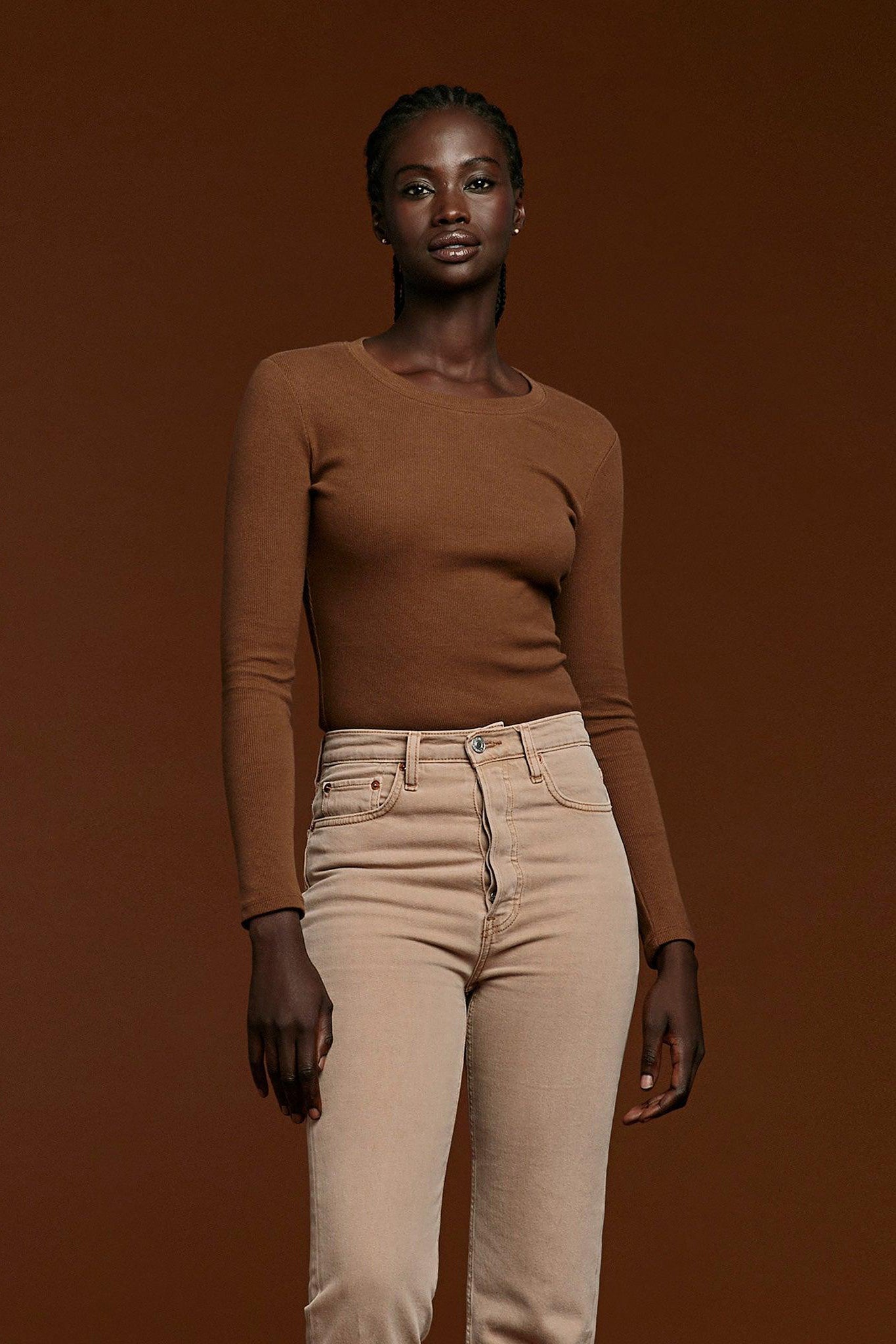 Long Sleeve Ribbed Crewneck Bodysuit | Chocolate