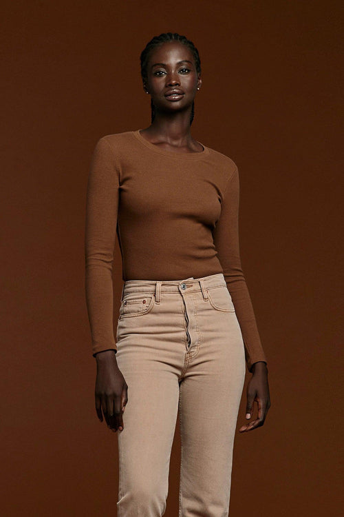 Long Sleeve Ribbed Crewneck Bodysuit | Chocolate