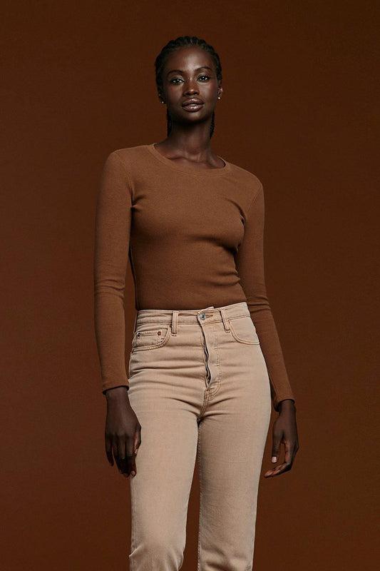 Long Sleeve Ribbed Crewneck Bodysuit | Chocolate