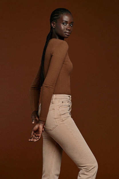Long Sleeve Ribbed Crewneck Bodysuit | Chocolate