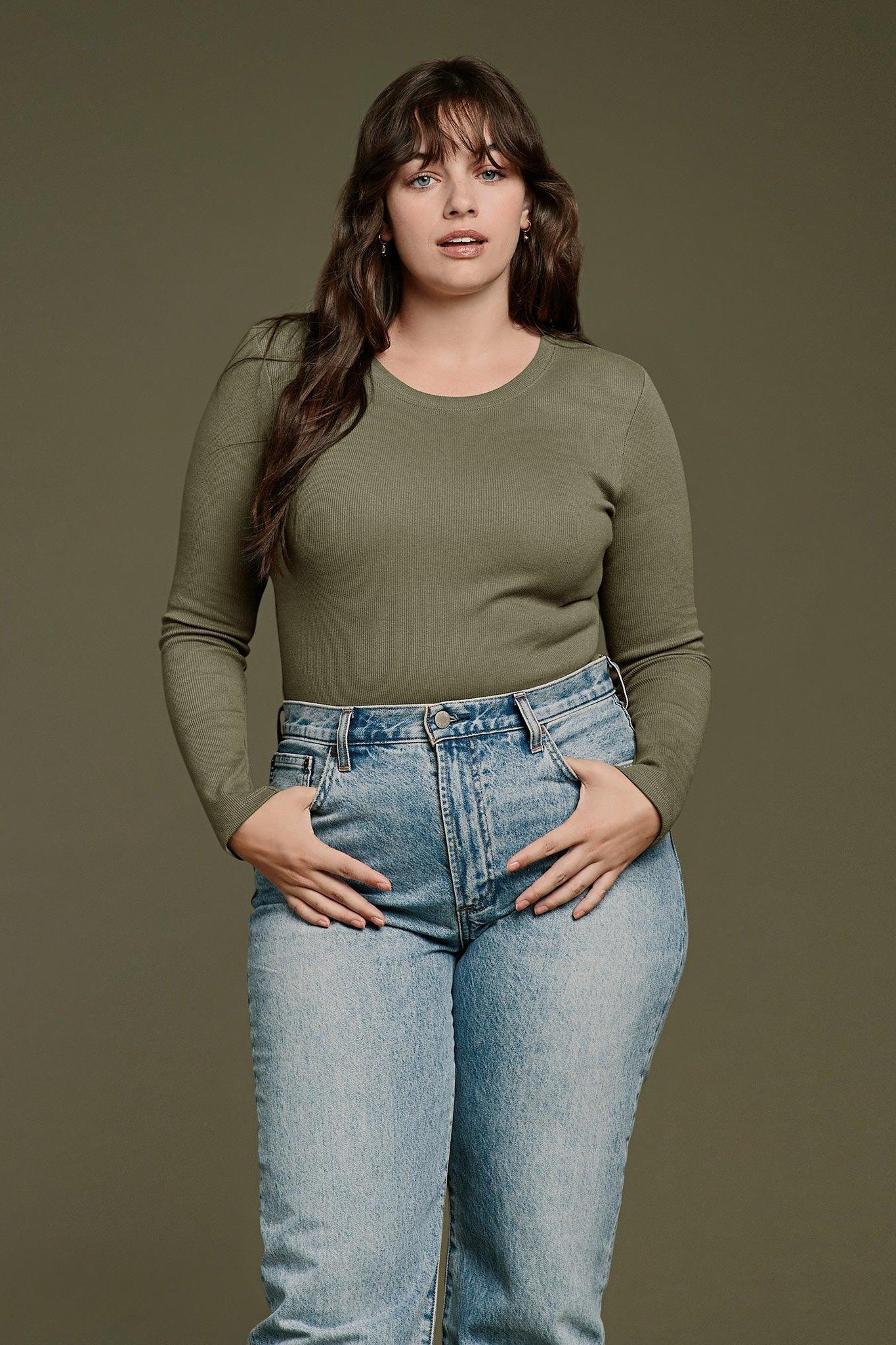 Long Sleeve Ribbed Crewneck Bodysuit | Olive