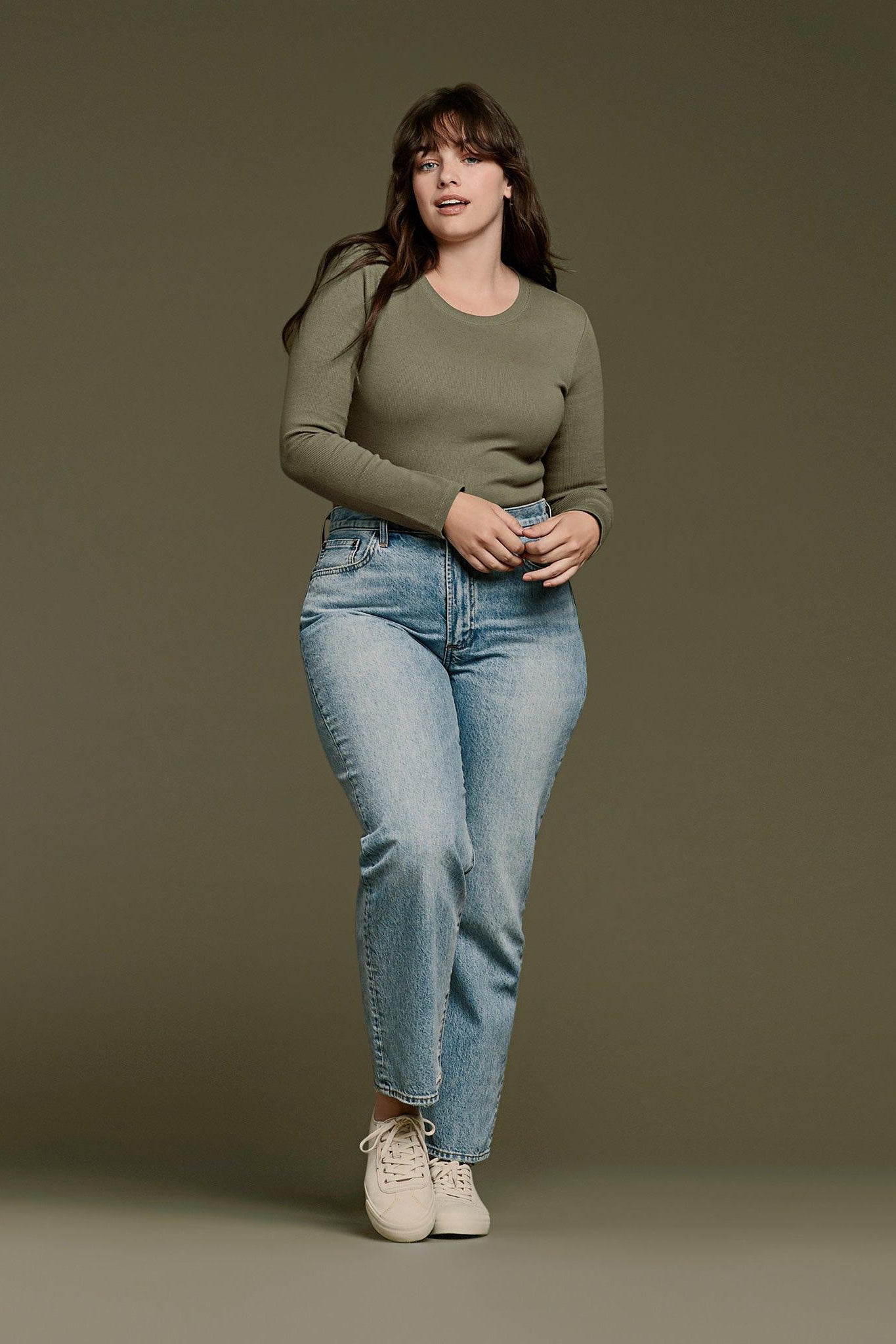 Long Sleeve Ribbed Crewneck Bodysuit | Olive