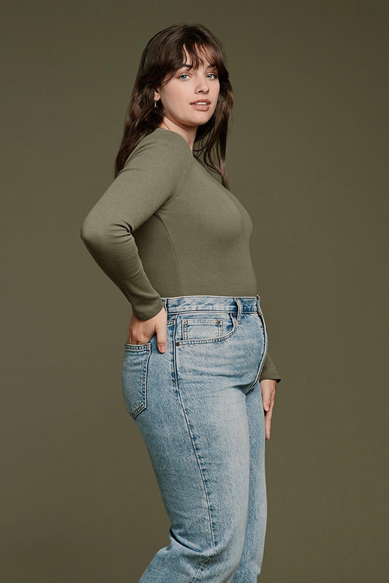 Long Sleeve Ribbed Crewneck Bodysuit | Olive