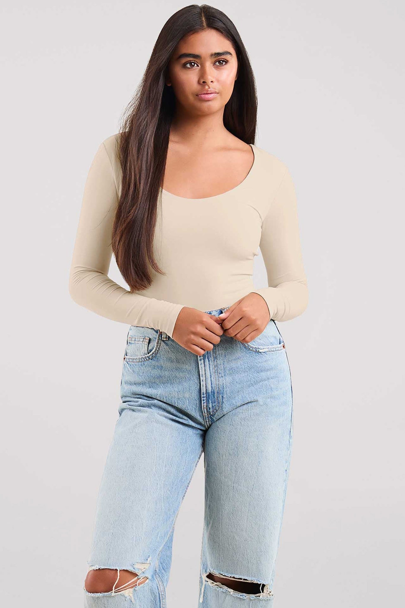 Long Sleeve Scoop Neck Bodysuit | Bone