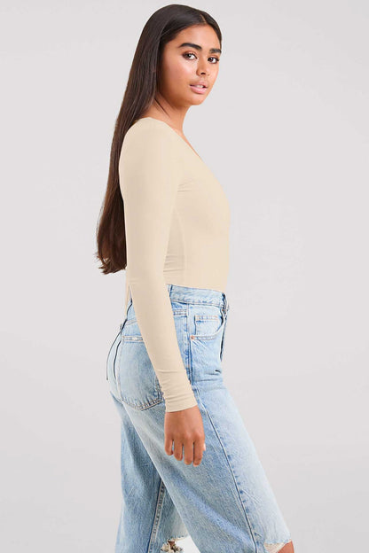 Long Sleeve Scoop Neck Bodysuit | Bone
