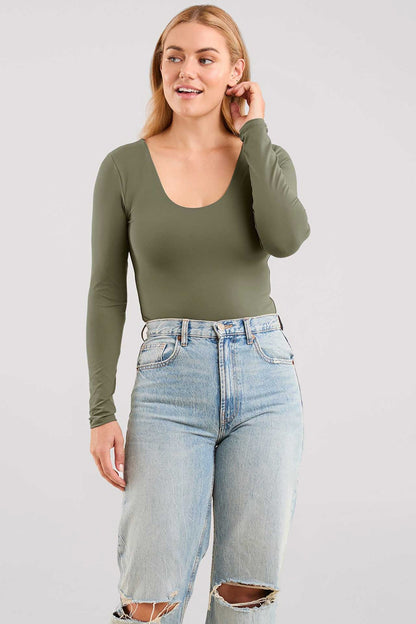 Long Sleeve Scoop Neck Bodysuit | Olive
