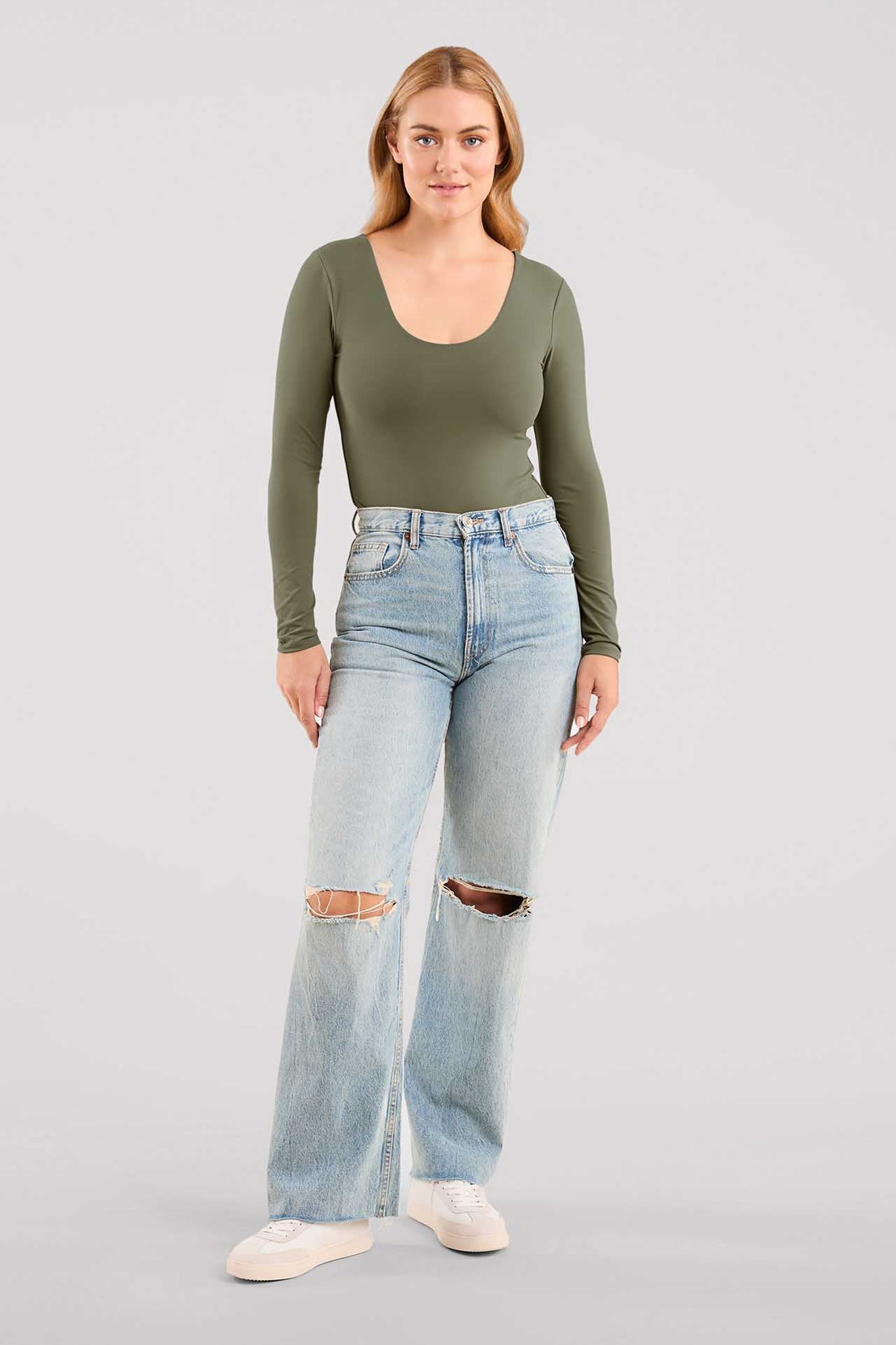 Long Sleeve Scoop Neck Bodysuit | Olive