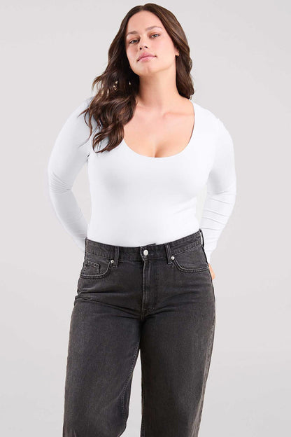 Long Sleeve Scoop Neck Bodysuit | White