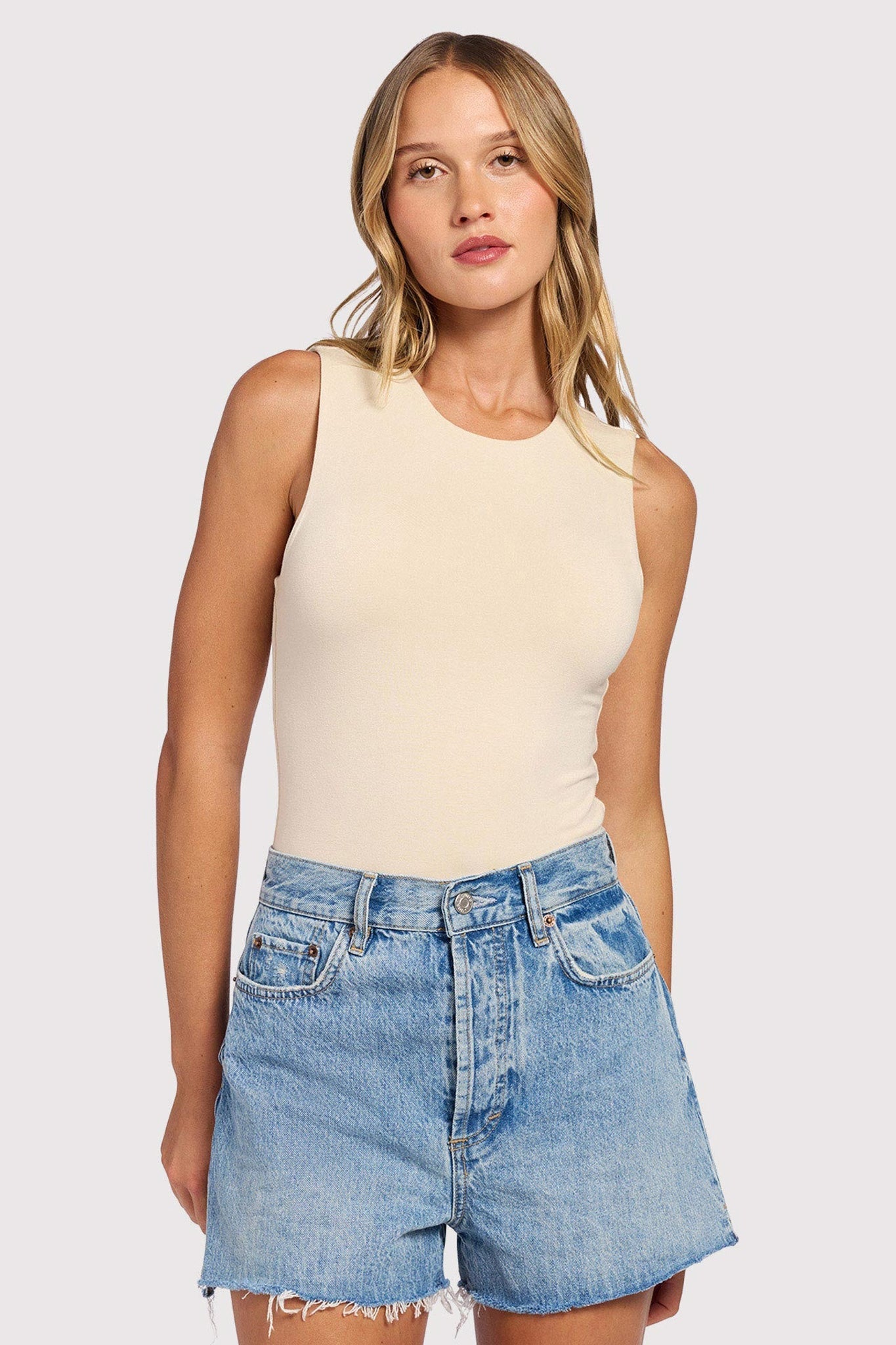 Cotton Stretch Classic Crewneck Tank Bodysuit | Bone