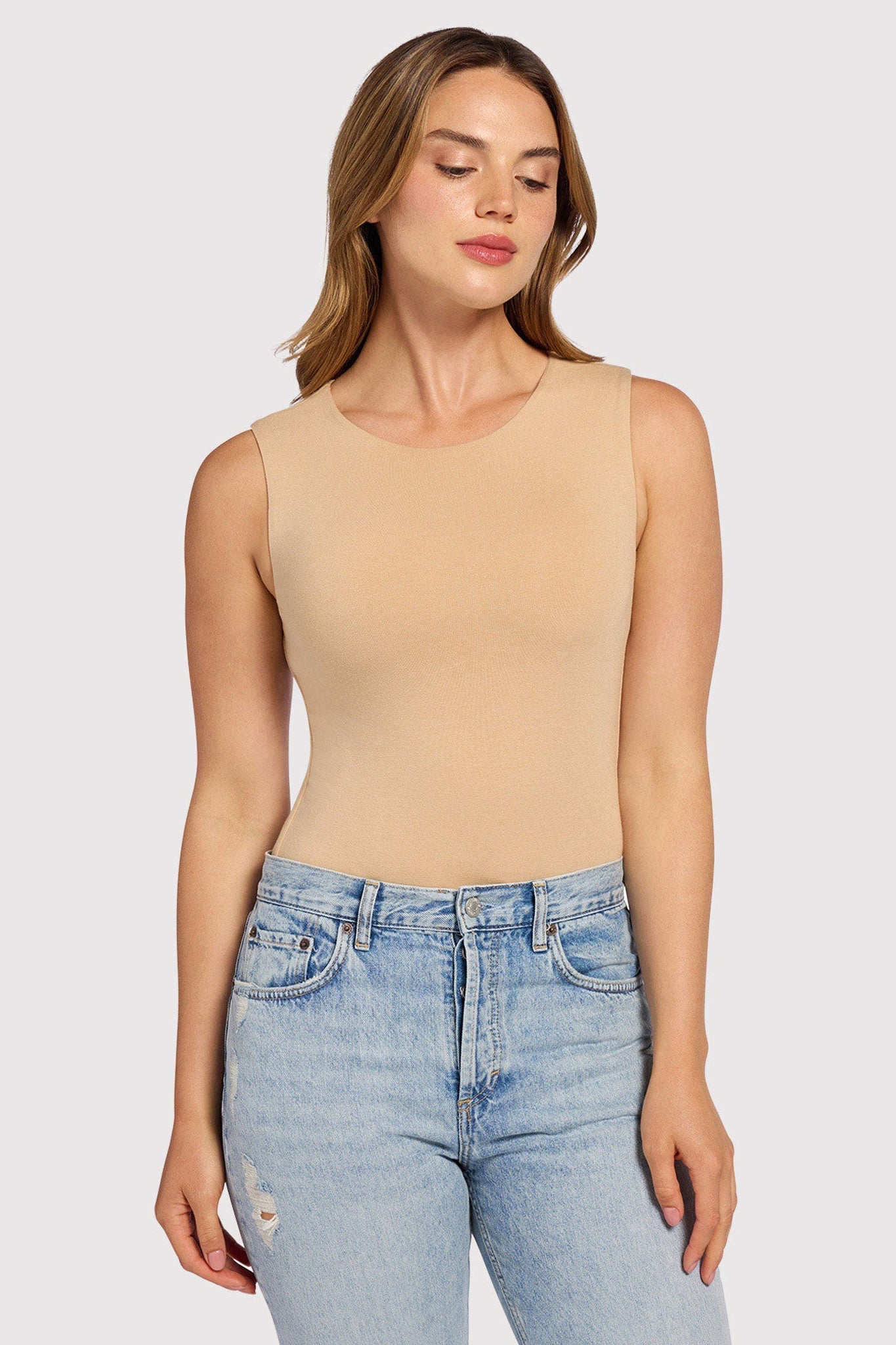 Cotton Stretch Classic Crewneck Tank Bodysuit | Oat
