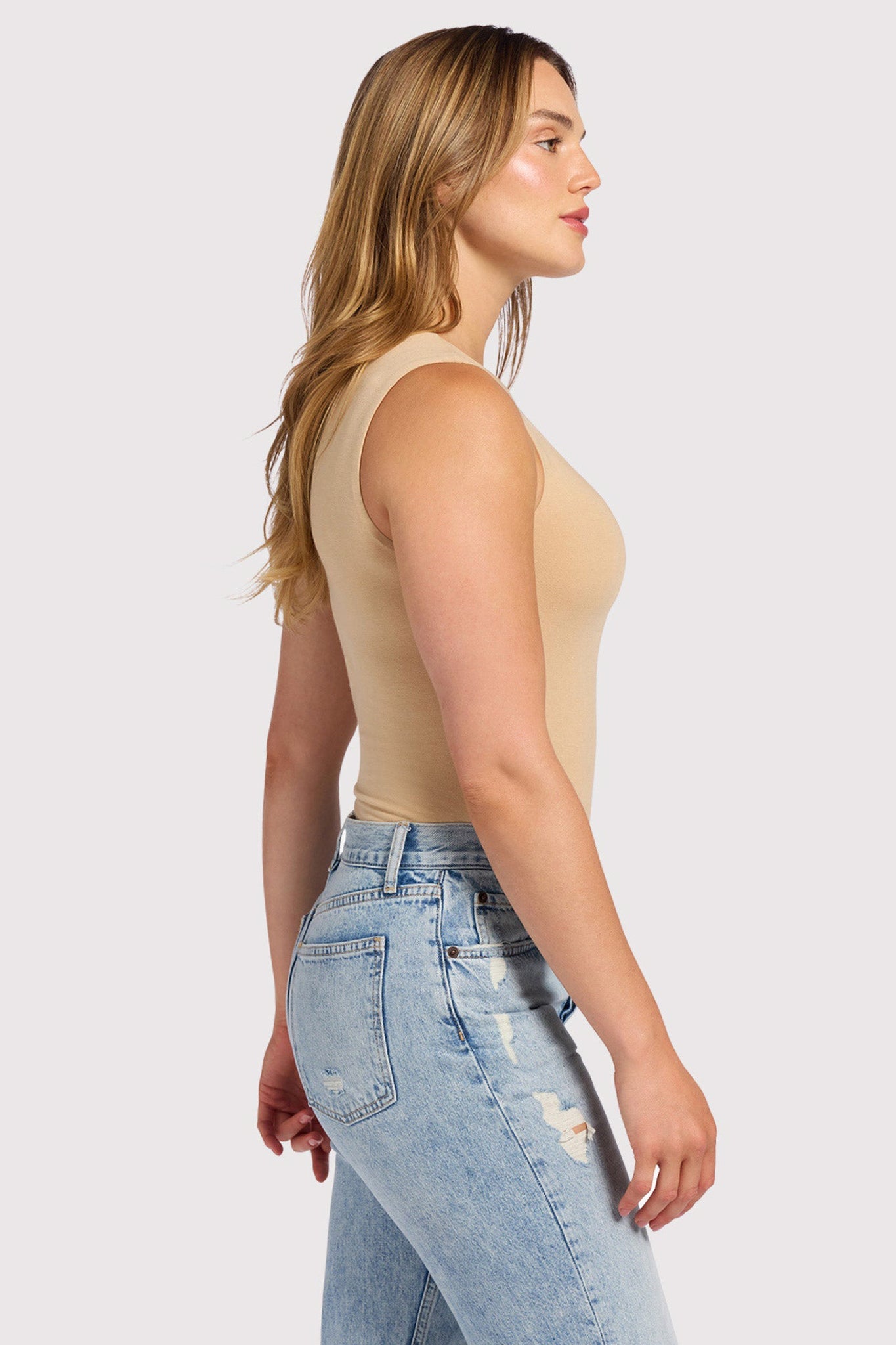 Cotton Stretch Classic Crewneck Tank Bodysuit | Oat